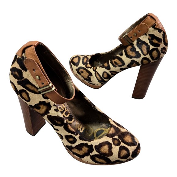 Sam Edelman Lyla Leopard Print Leather Calf Hair Platform Pumps Ankle Strap - Picture 1 of 13